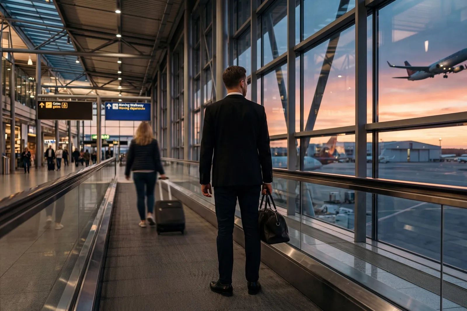 Zwei Geschäftsleute gehen über einen Flughafen.