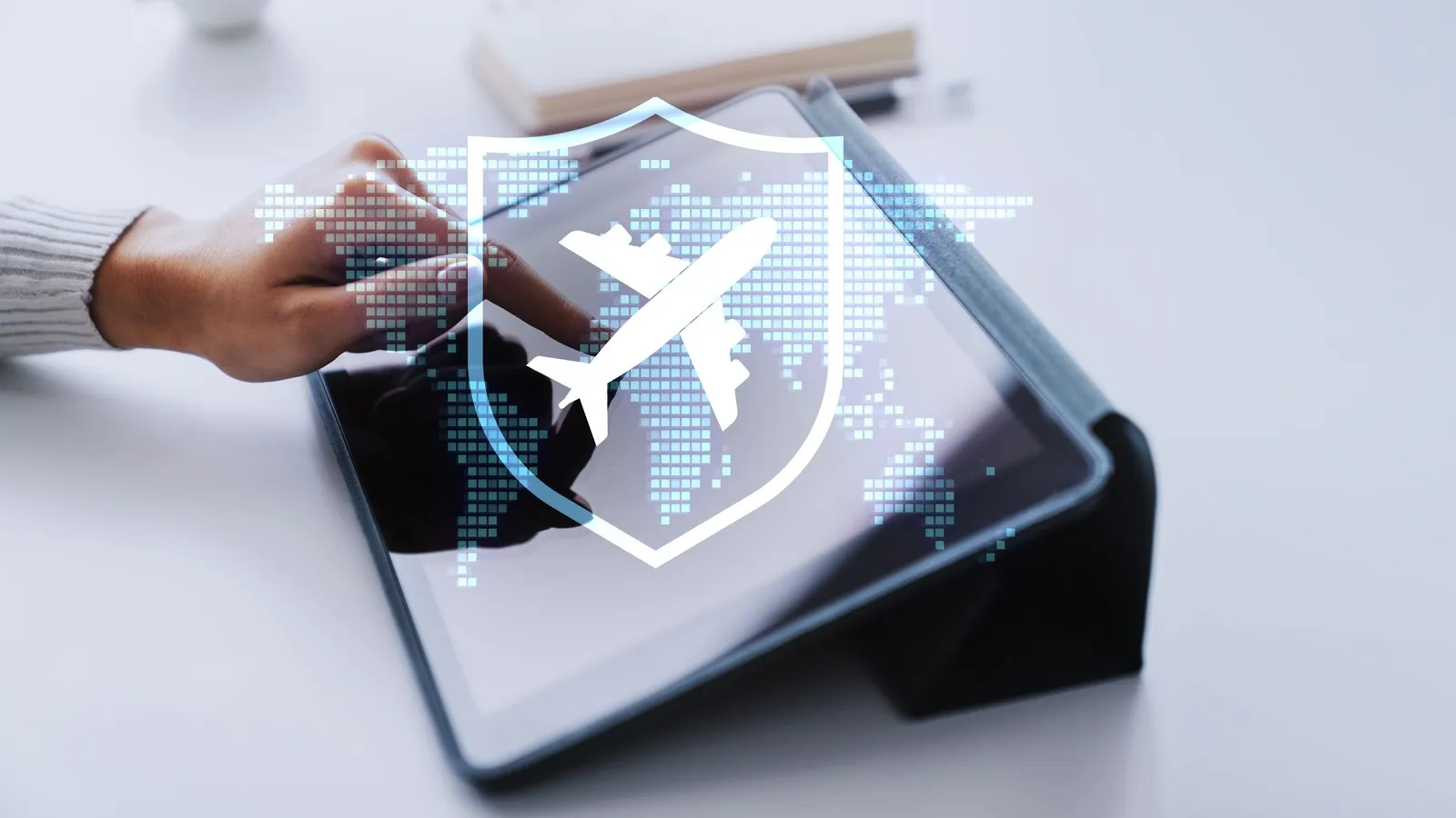Eine Frau nutzt ein Tablet, auf dem über einer gepunkteten Weltkarte ein Hologramm aus Flugzeug und Schild zu sehen ist; das helle Banner bietet Platz für eigenen Text und verweist auf Reiseversicherungen sowie die sichere Flugbuchung.