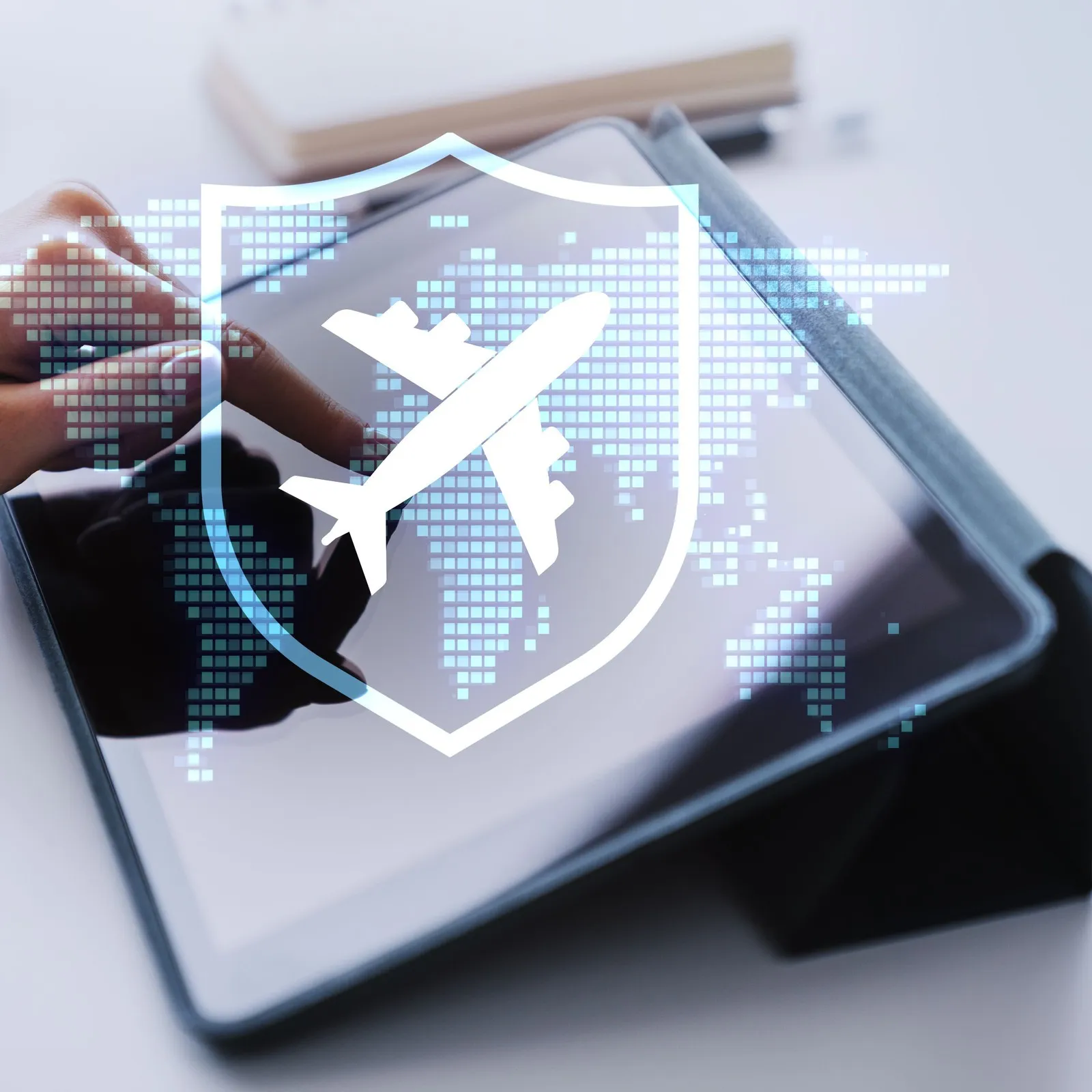 Eine Frau nutzt ein Tablet, auf dem über einer gepunkteten Weltkarte ein Hologramm aus Flugzeug und Schild zu sehen ist; das helle Banner bietet Platz für eigenen Text und verweist auf Reiseversicherungen sowie die sichere Flugbuchung.