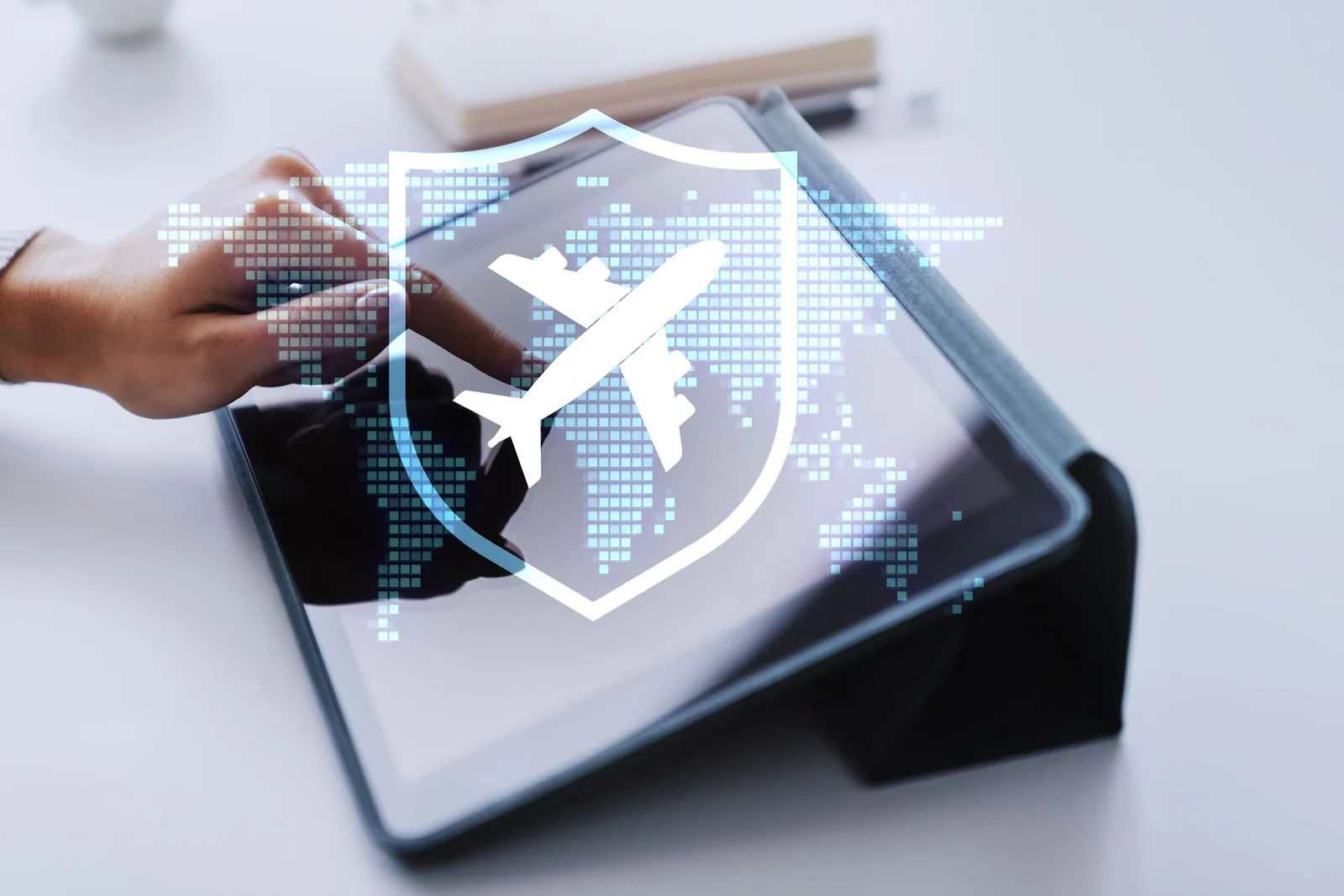 Eine Frau nutzt ein Tablet, auf dem über einer gepunkteten Weltkarte ein Hologramm aus Flugzeug und Schild zu sehen ist; das helle Banner bietet Platz für eigenen Text und verweist auf Reiseversicherungen sowie die sichere Flugbuchung.