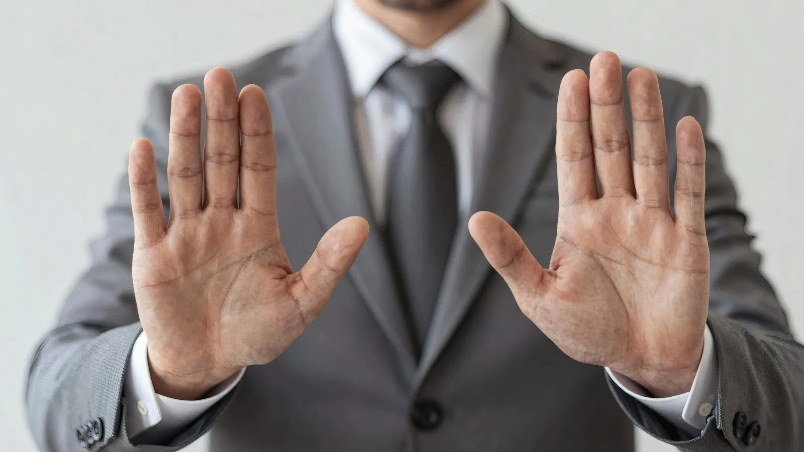 Businessmann in einem grauen Anzug mit Krawatte gestikuliert mit seinen Händen eine ablehnende Haltung, Hintergrund ist eine weiße Wand.