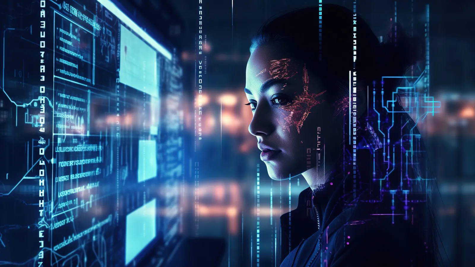 Eine Geschäftsfrau arbeitet mit Künstlicher Intelligenz.