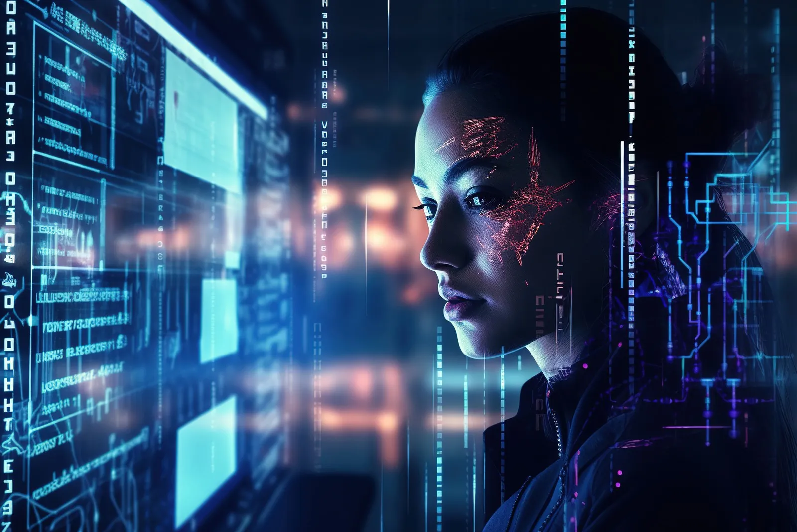 Eine Geschäftsfrau arbeitet mit Künstlicher Intelligenz.
