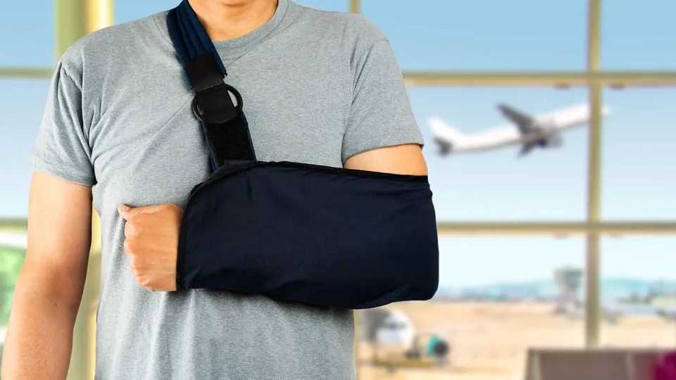 Mann mit gebrochenen Arm am Flughafen.