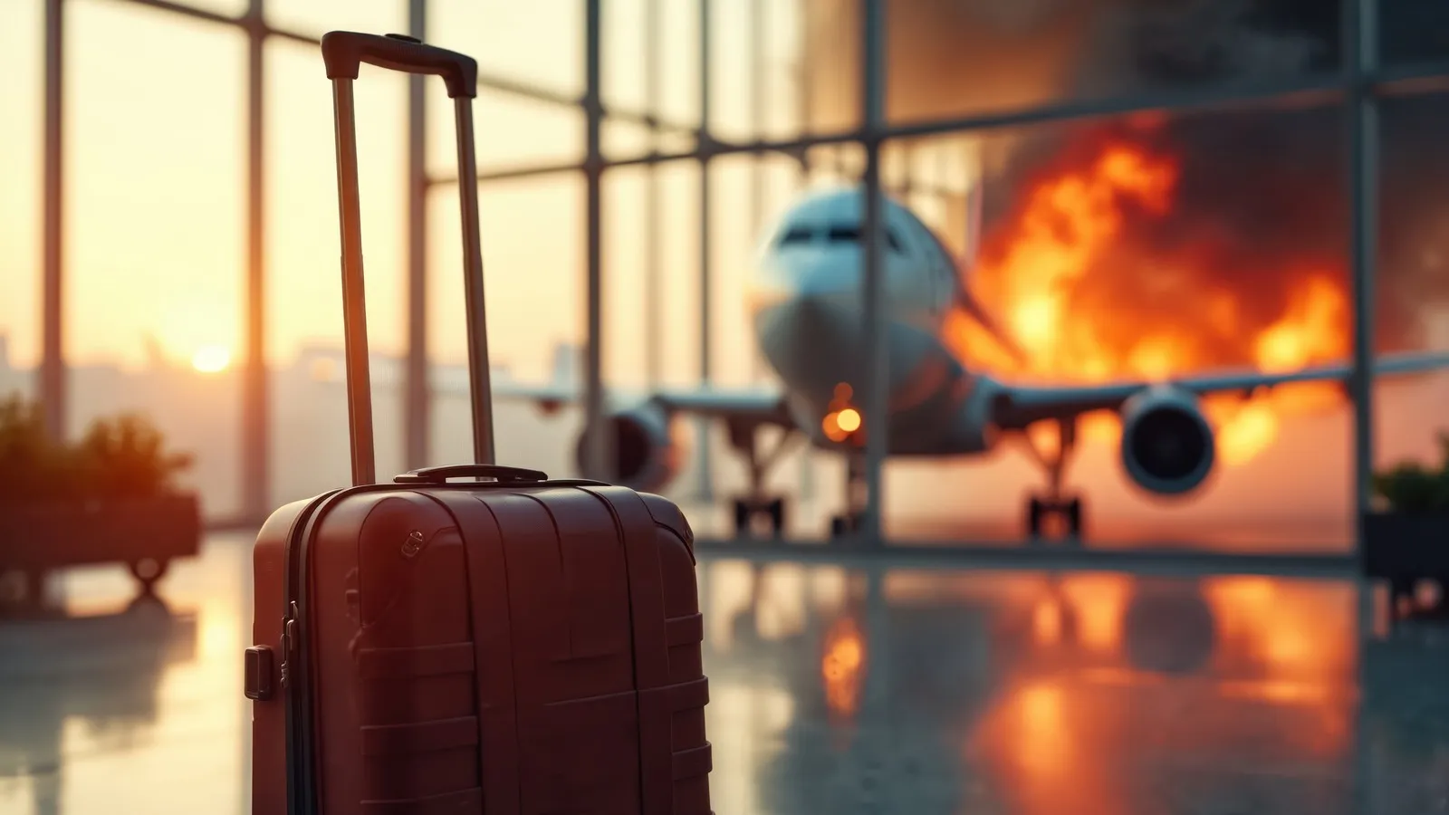 Gepäck im Flughafenterminal mit brennendem Flugzeug im Hintergrund.