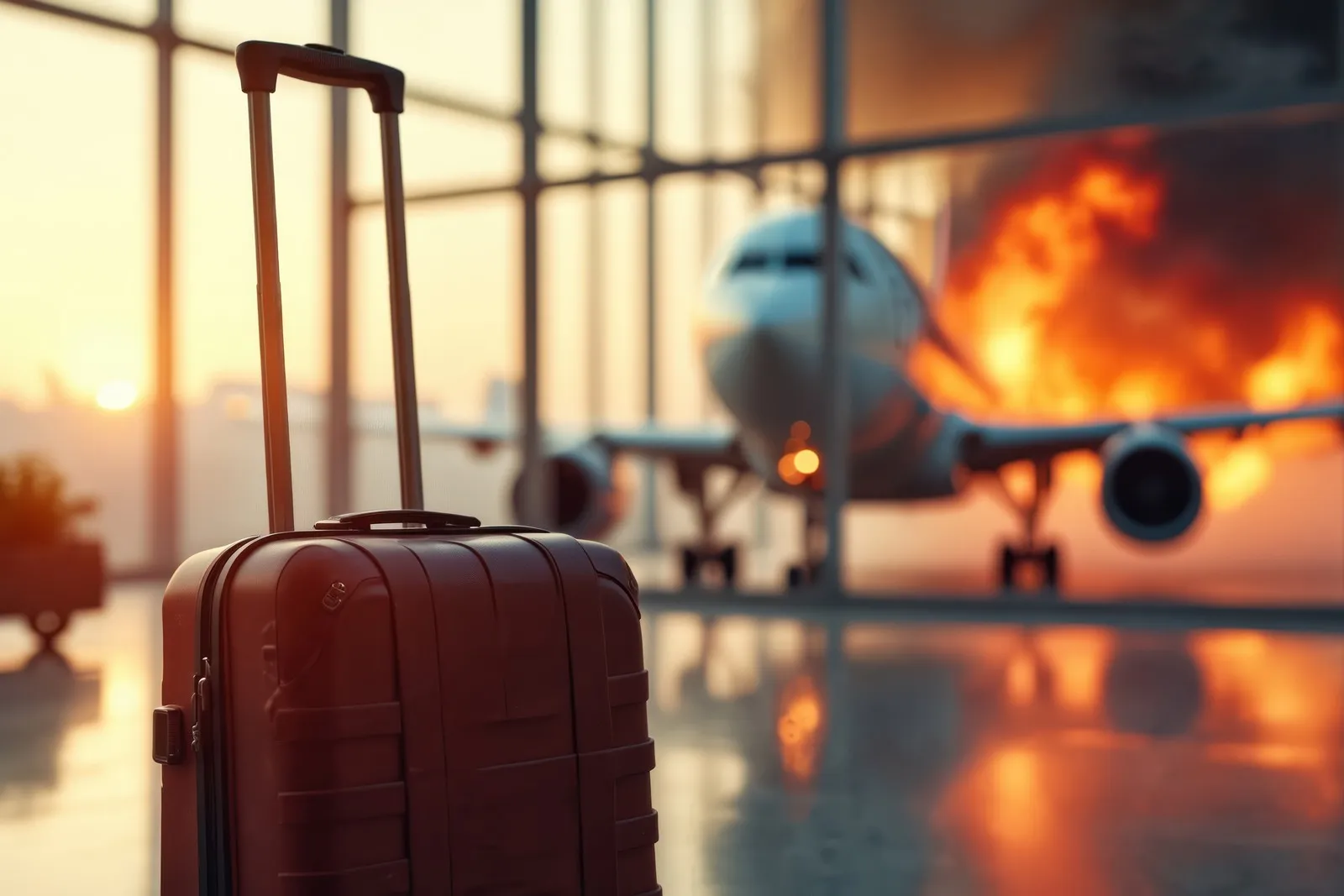 Gepäck im Flughafenterminal mit brennendem Flugzeug im Hintergrund.