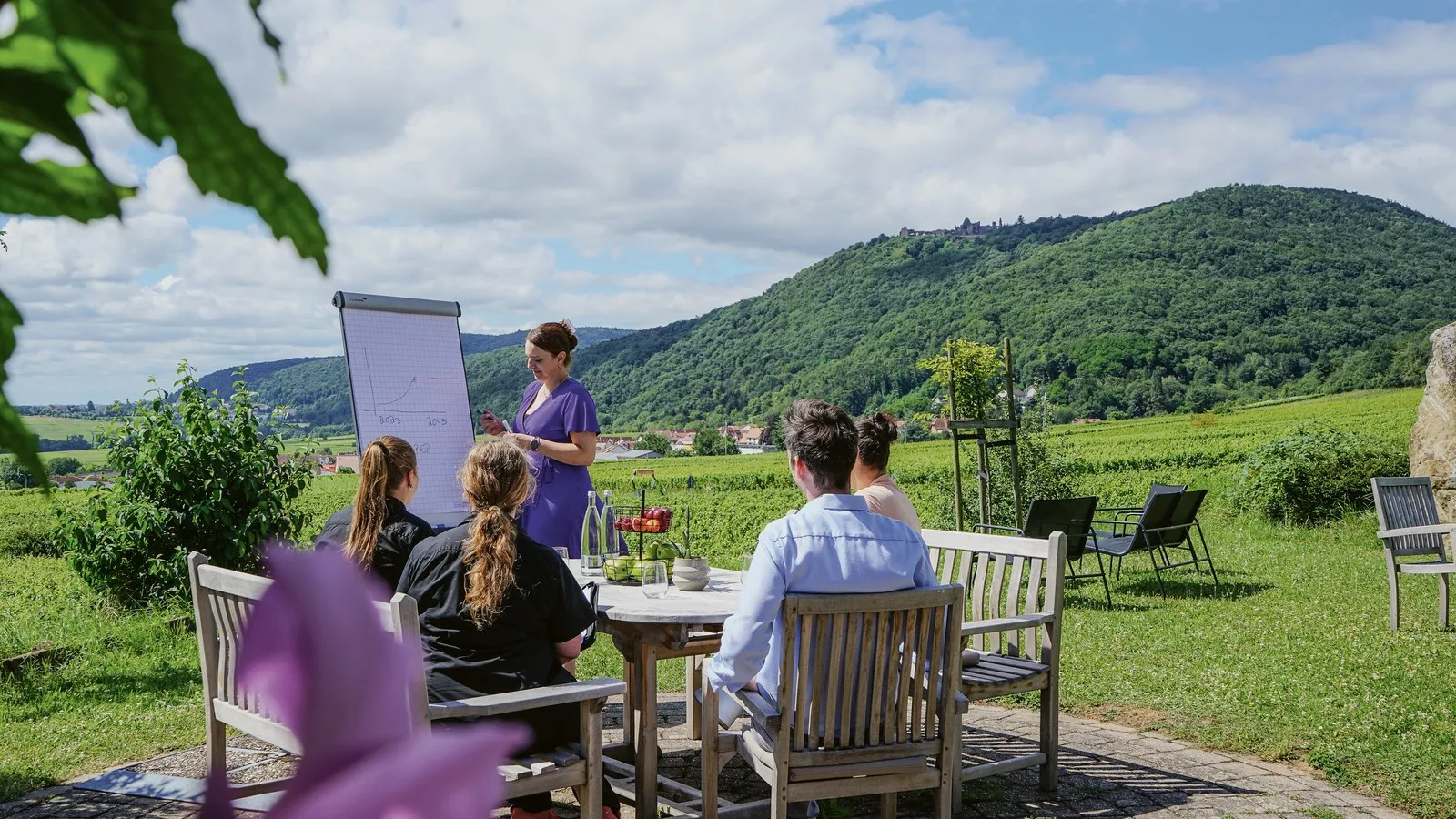 Eine Seminargruppe nimmt draußen an einem Workshop teil. Eine Person steht an einem Flipchart, im Hintergrund sind Weinberge und bewaldete Hügel zu sehen.