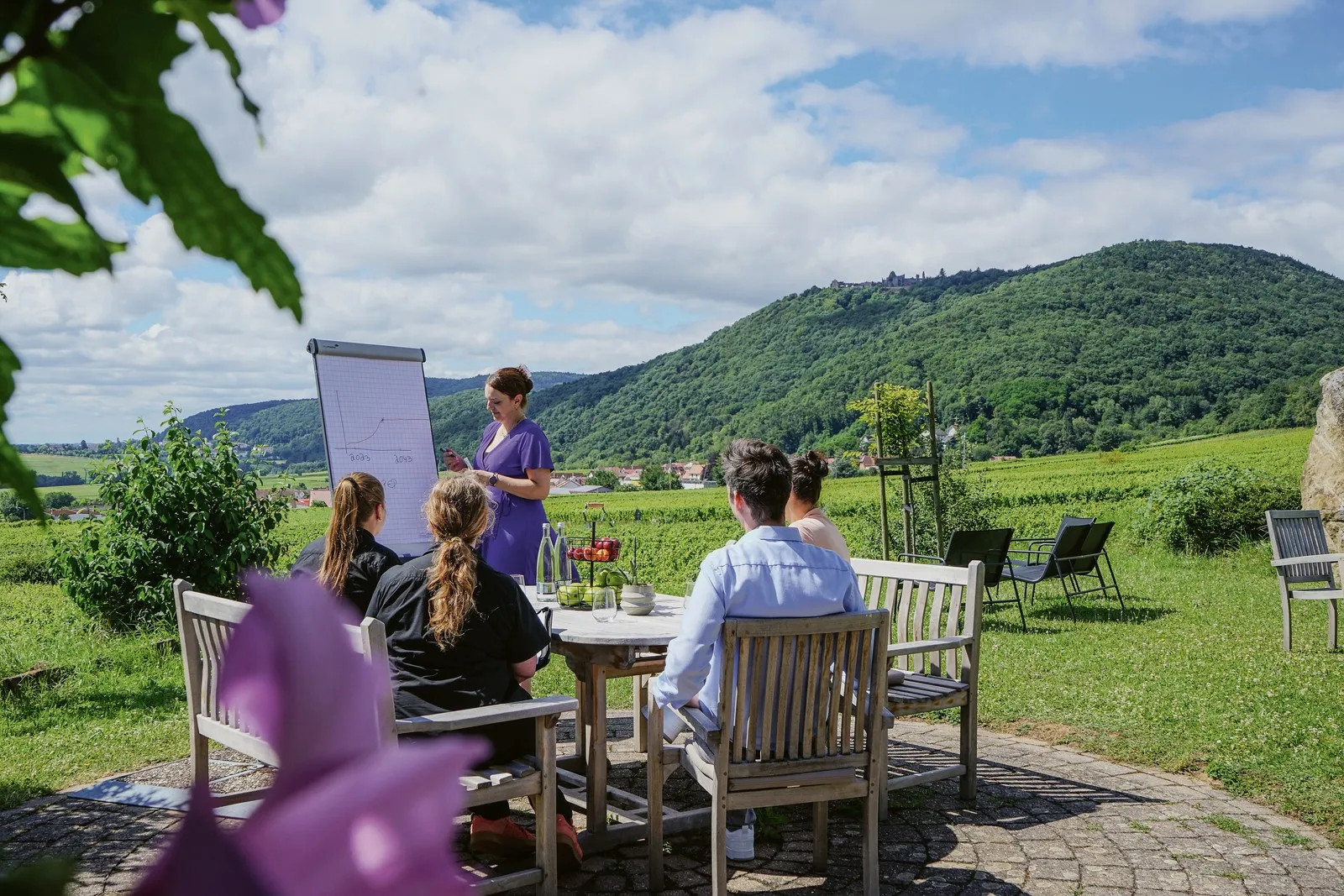 Eine Seminargruppe nimmt draußen an einem Workshop teil. Eine Person steht an einem Flipchart, im Hintergrund sind Weinberge und bewaldete Hügel zu sehen.