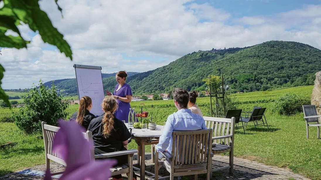 Eine Seminargruppe nimmt draußen an einem Workshop teil. Eine Person steht an einem Flipchart, im Hintergrund sind Weinberge und bewaldete Hügel zu sehen.