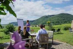 Eine Seminargruppe nimmt draußen an einem Workshop teil. Eine Person steht an einem Flipchart, im Hintergrund sind Weinberge und bewaldete Hügel zu sehen.