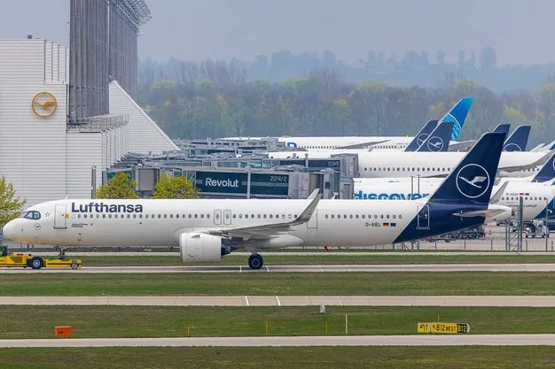 Ein Flugzeug der Lufthansa wird am Flughafen München mit einem Schlepper auf dem Vorfeld abgestellt.