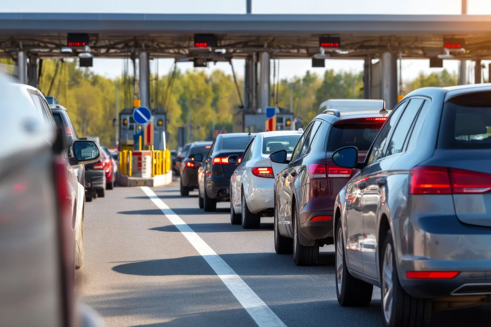 Viele Autos stehen in der Schlange bei einer Mautstation.