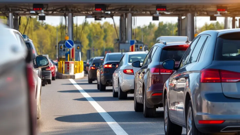 Viele Autos stehen in der Schlange bei einer Mautstation.