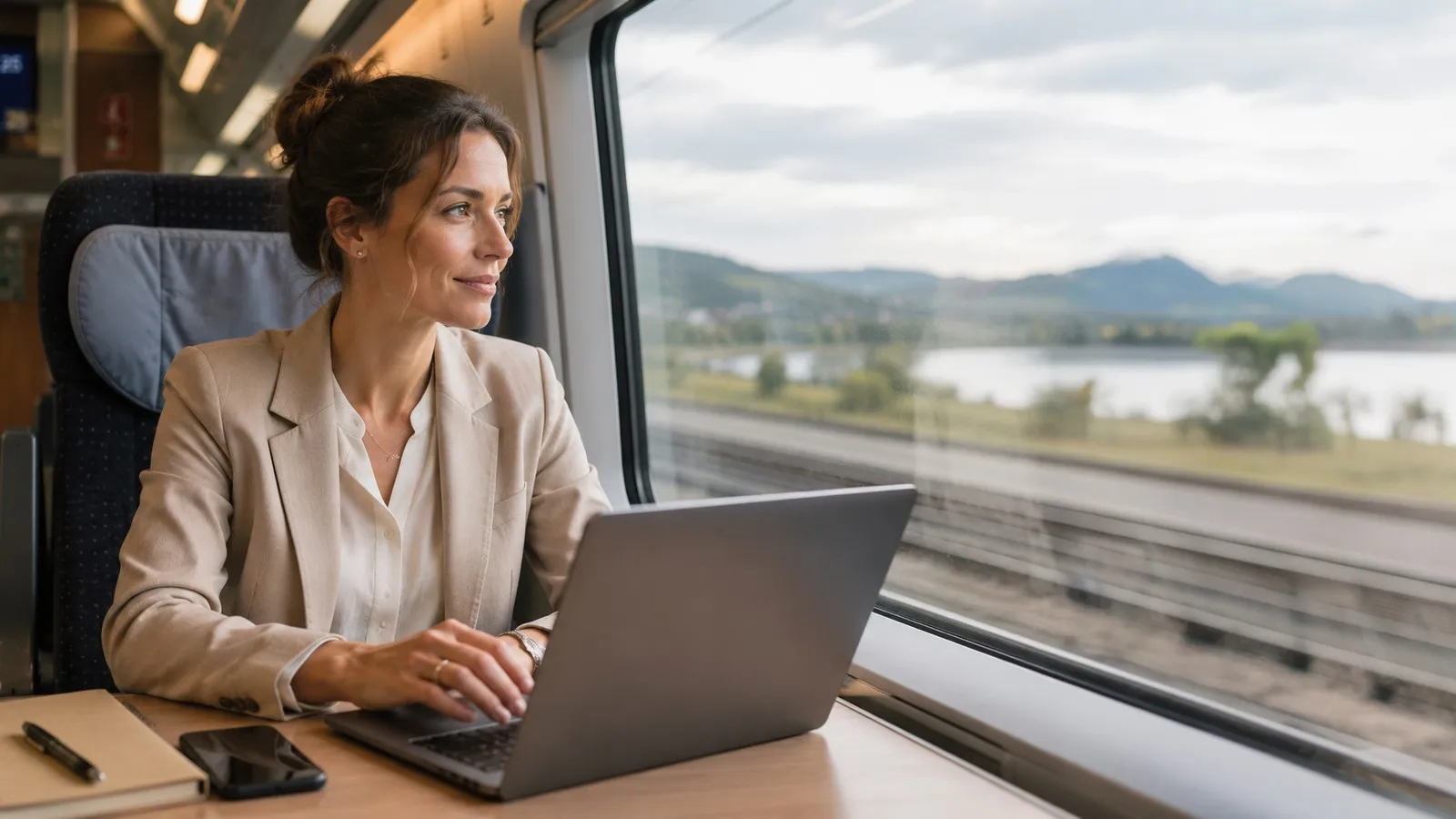 Frau mit Laptop sitzt im Zug.
