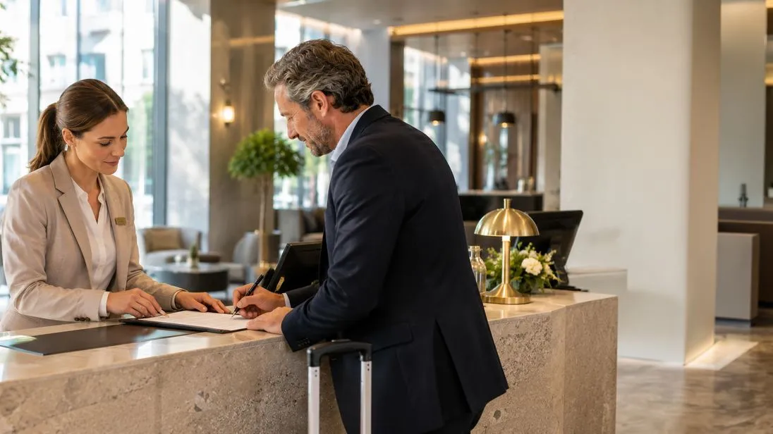 Geschäftsmanncheckt im Hotel ein