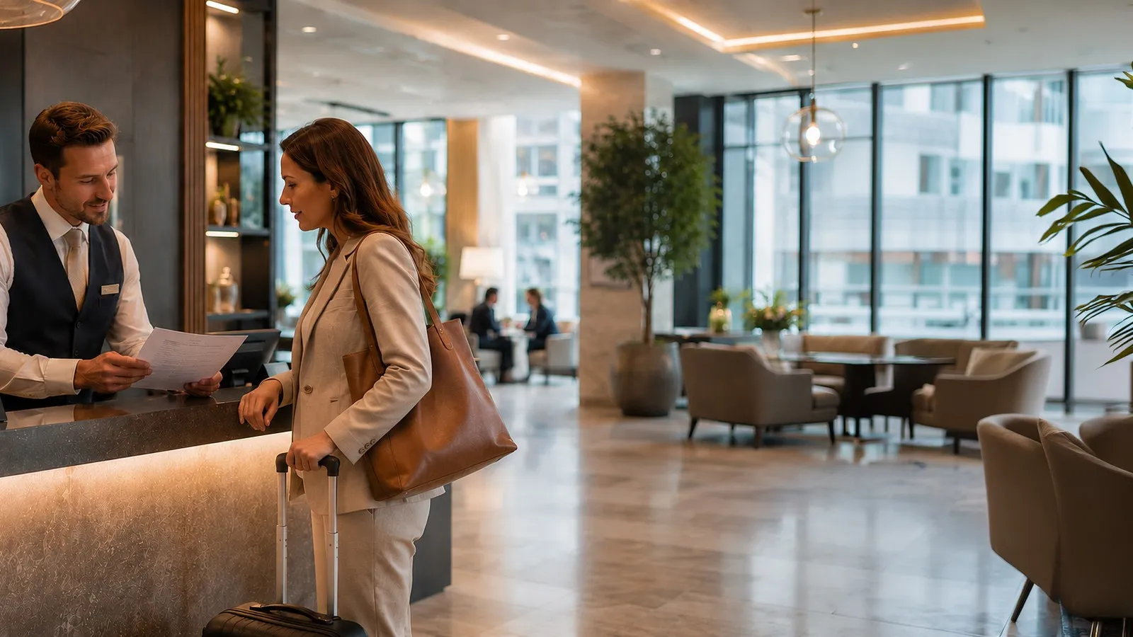 Geschäftsfrau geht durch ein Hotel