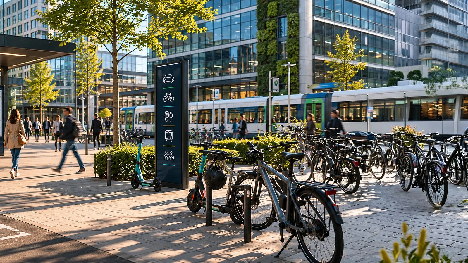 Fahrräder, Autos und Bahnenzeigen unterschiedliche Mobilitätsfacetten