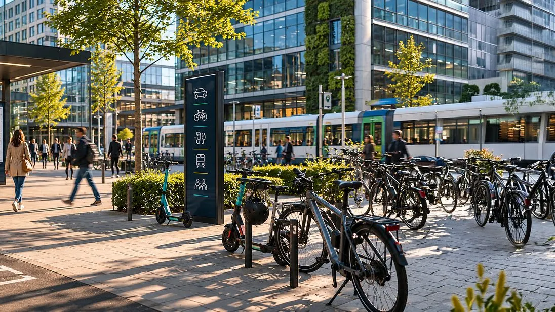 Fahrräder, Autos und Bahnenzeigen unterschiedliche Mobilitätsfacetten