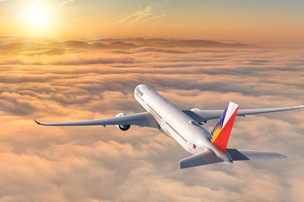 Ein Flugzeug der Philippine Airline (PAL) fliegt dem Sonnenuntergang entgegen.