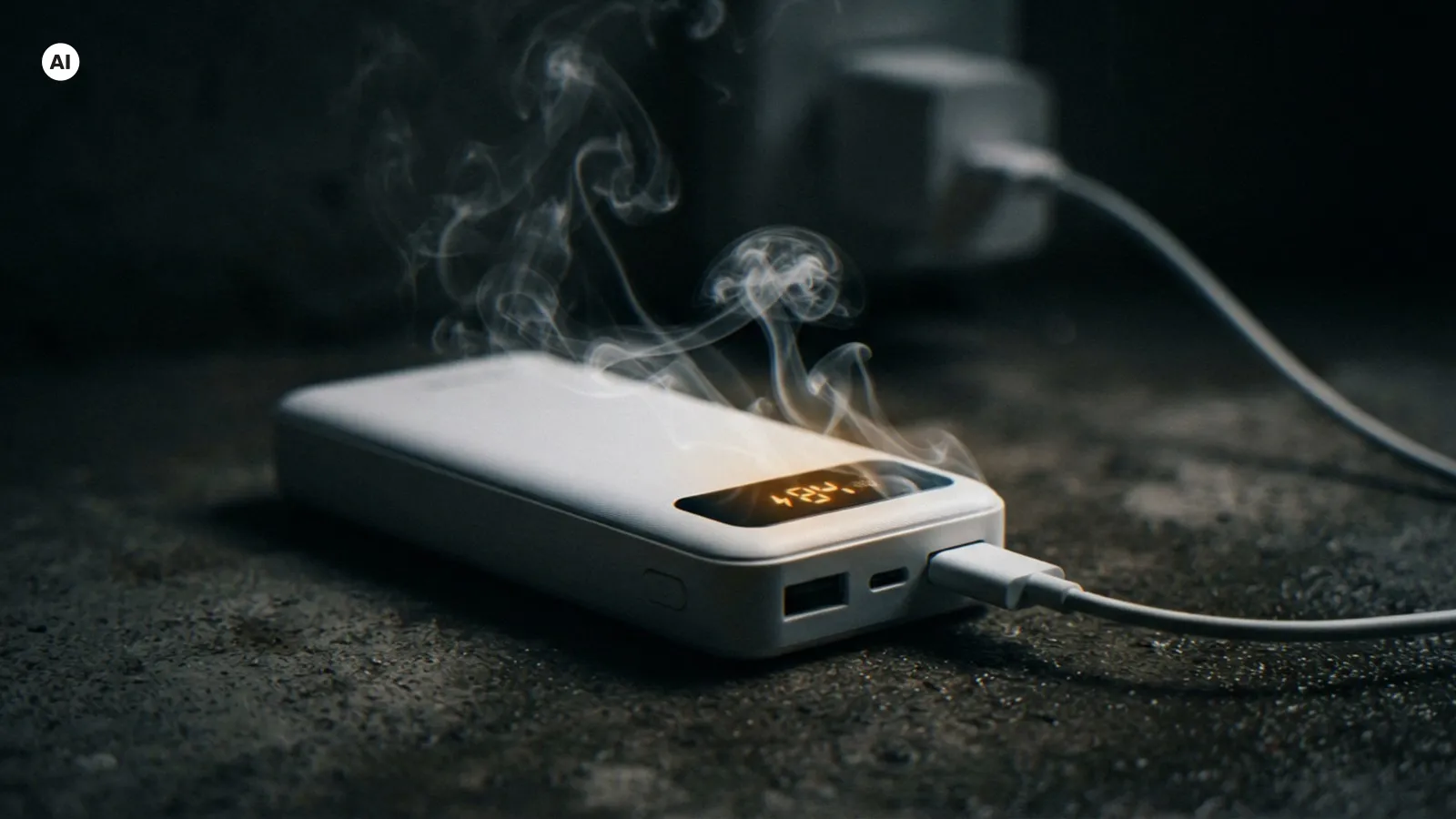 Eine weiße Powerbank wird gerade aufgeladen. Aus ihr kommt Rauch raus., KI-generiertes Bild (AI)