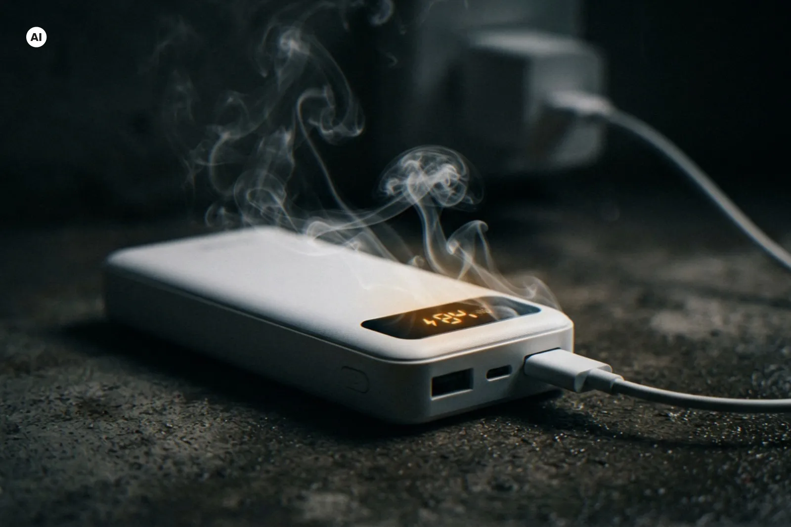 Eine weiße Powerbank wird gerade aufgeladen. Aus ihr kommt Rauch raus.
