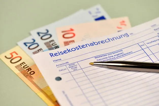 Ein Zettel der Reisekostenabrechnung liegt auf Geldscheinen.