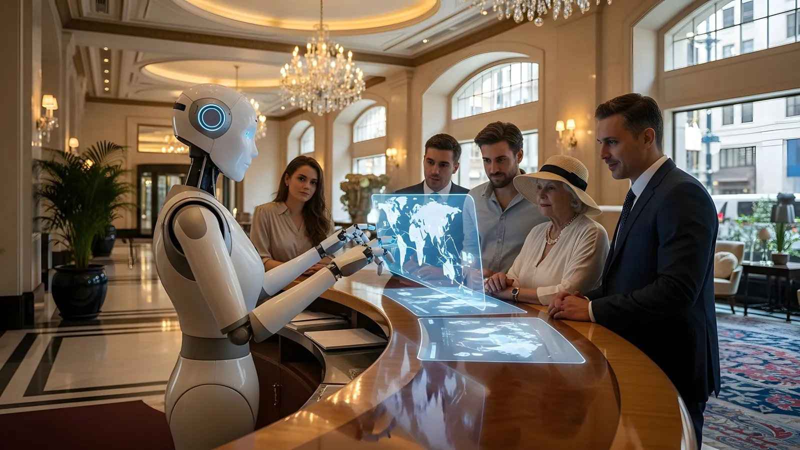 Ein Roboter bedient Hotelgäste an der Rezeption eines Hotels.