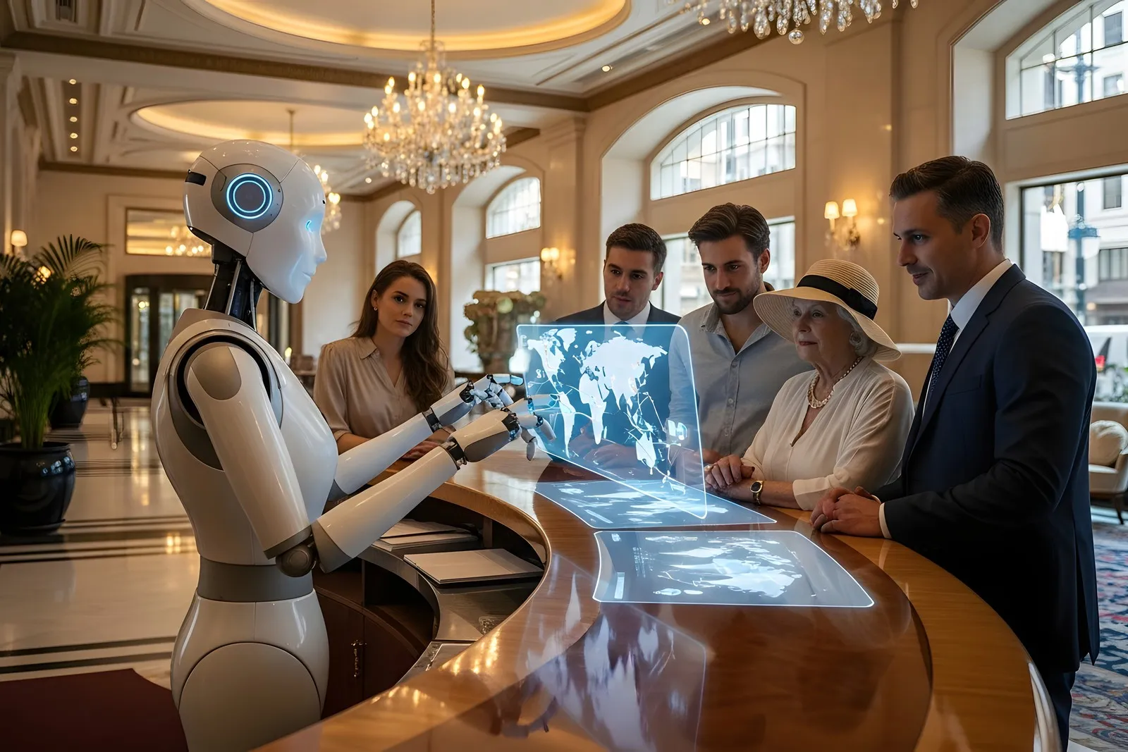 Ein Roboter bedient Hotelgäste an der Rezeption eines Hotels.