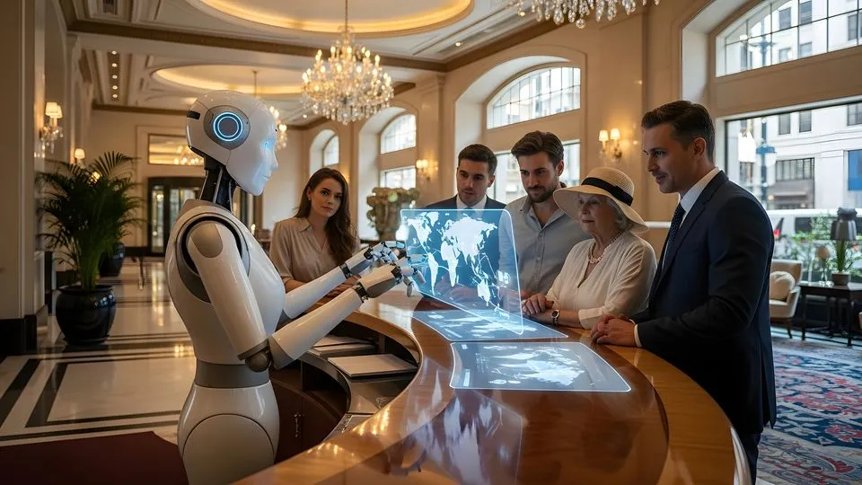 Ein Roboter bedient Hotelgäste an der Rezeption eines Hotels.