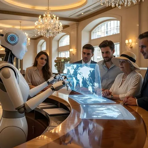 Ein Roboter bedient Hotelgäste an der Rezeption eines Hotels.