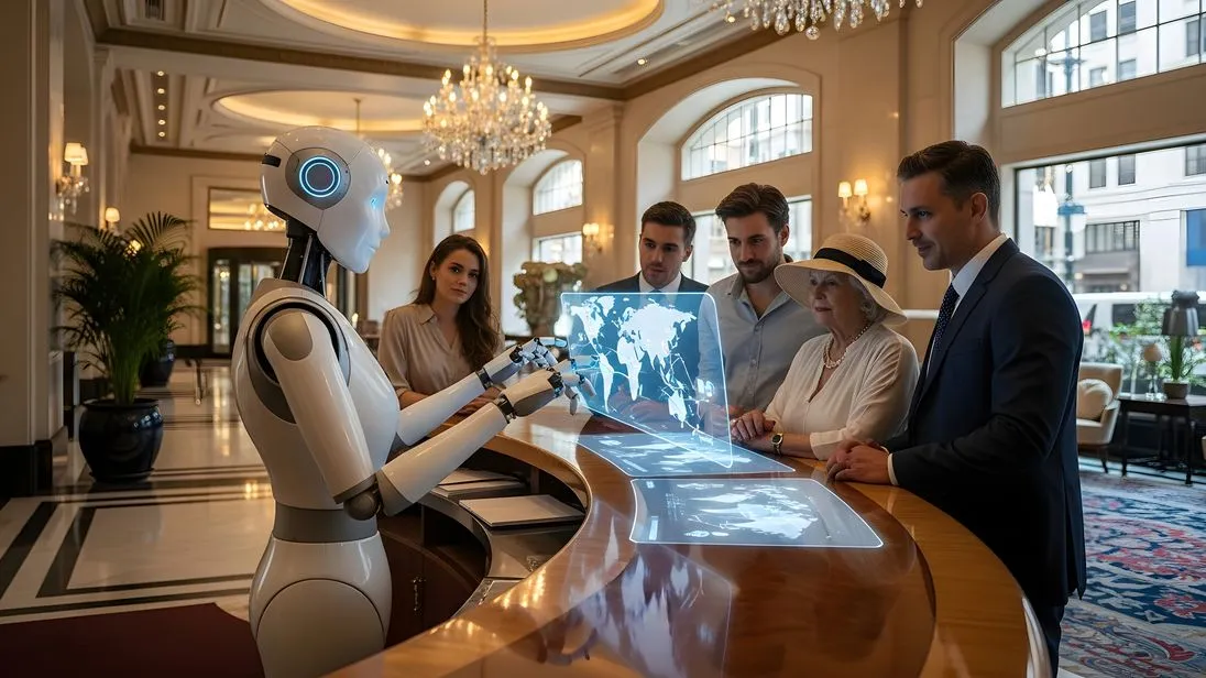 Ein Roboter bedient Hotelgäste an der Rezeption eines Hotels.