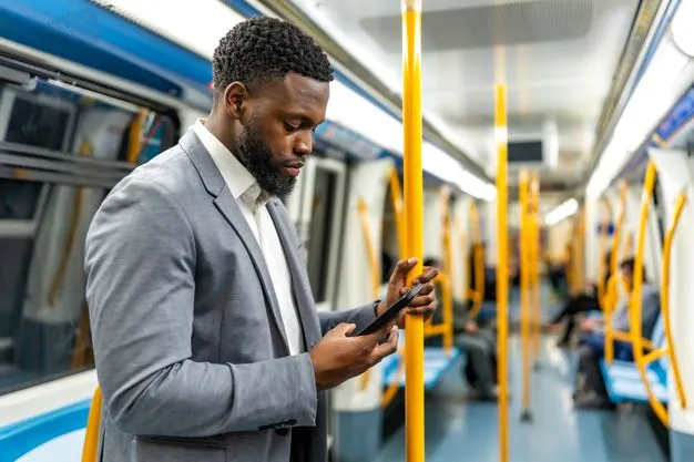 Geschäftsreisender steht in einer U-Bahn und blickt auf sein Smartphone.